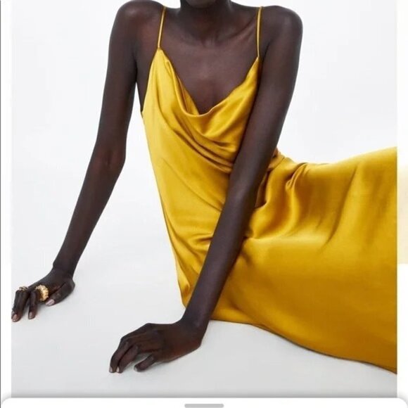 Zara Yellow/Gold Satin Dress Size Small - Picture 7 of 8